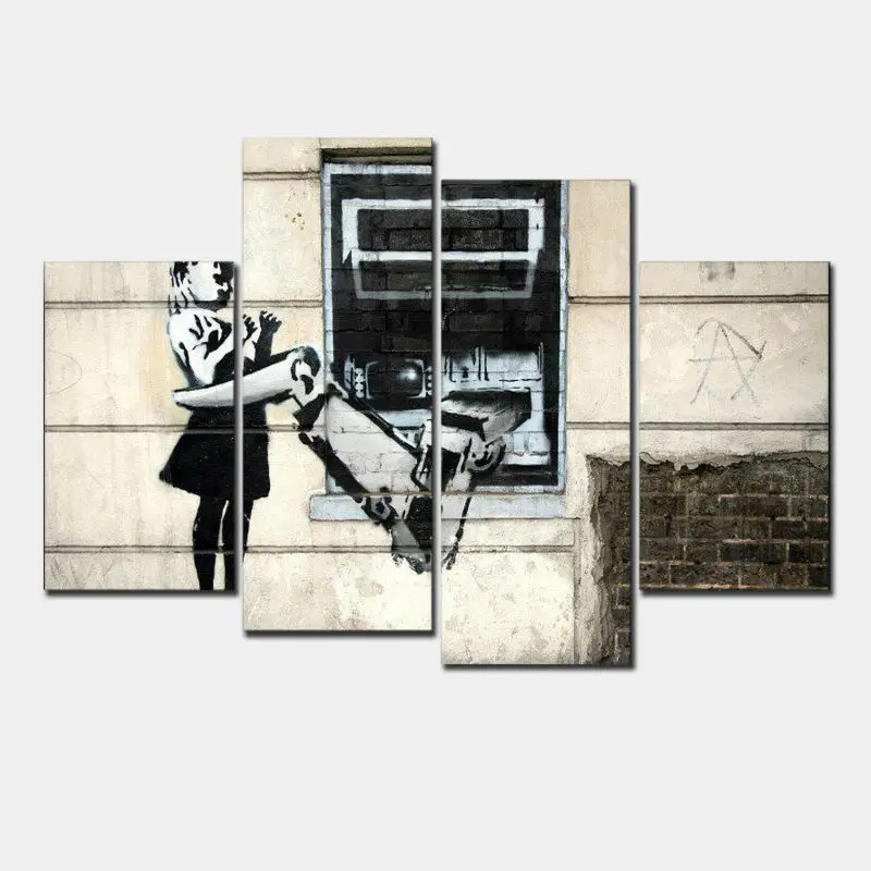 4 Pcs/Set Banksy Art Mechanical Arm And Little Girl oil painting on canvas vintage poster wall pictures for living room GvZ0002 | Дом и сад