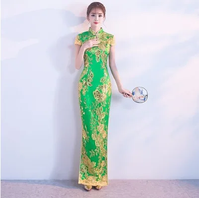 

Зеленое традиционное женское платье Ципао, пикантные Свадебные Китайские Восточные платья с вышивкой, длинные платья Qi Pao