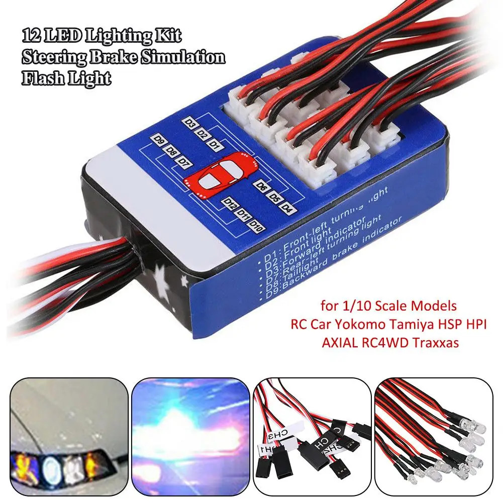 

12 LED Lighting Kit Steering Brake Simulation Flash Light for 1/10 Scale Models RC Car Yokomo Tamiya HSP HPI AXIAL RC4WD Traxxas