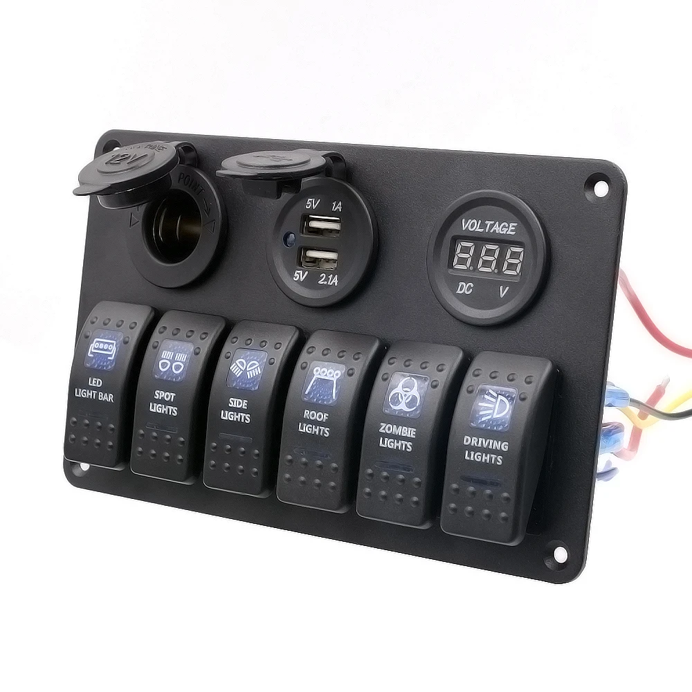 BORUiT переключатель панель 5 в двойной USB Автомобильное зарядное устройство 12 в вольтметр 6 банд авто лодка морской прикуриватель синий светодиод кулисный переключатель панель