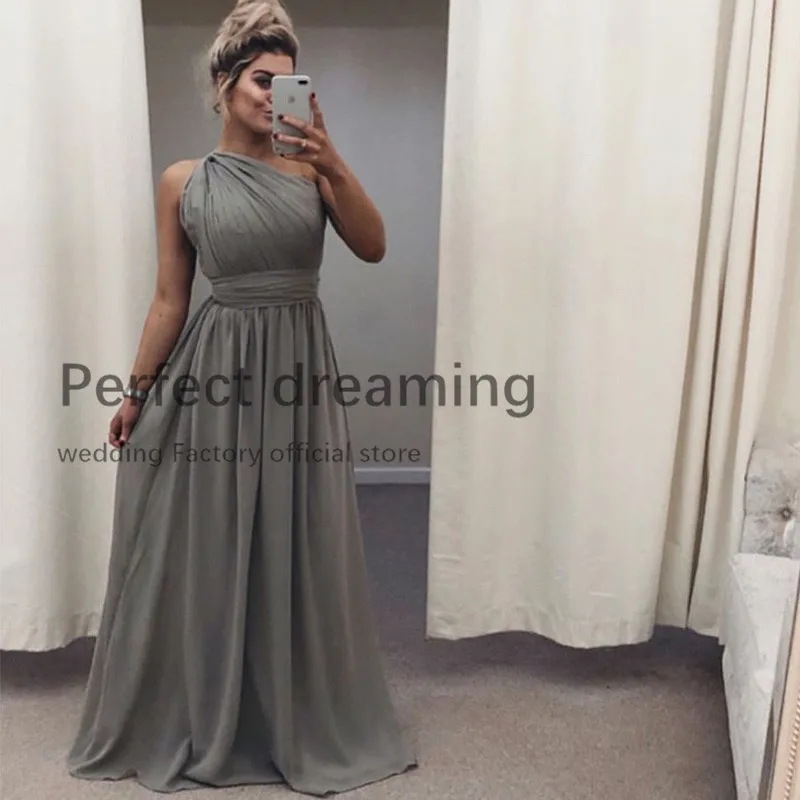 One Shoulder Gray Chiffon Bridesmaid Dresses Long Women Country Wedding Formal Party Dresses Vestido De Dama de Honra Gowns