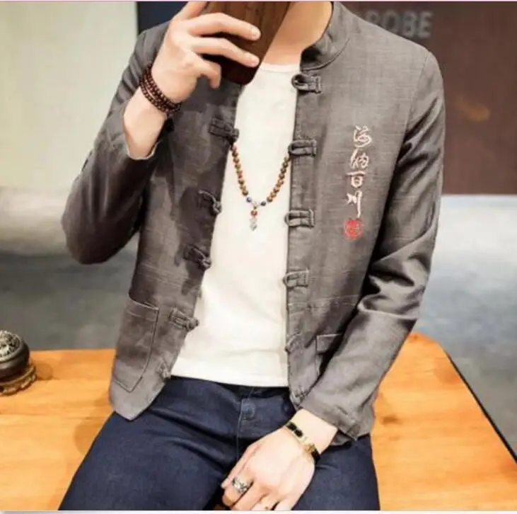 Весенние мужские китайский Стиль традиционные Вышивка белье Пальто Куртка Тан 5xl