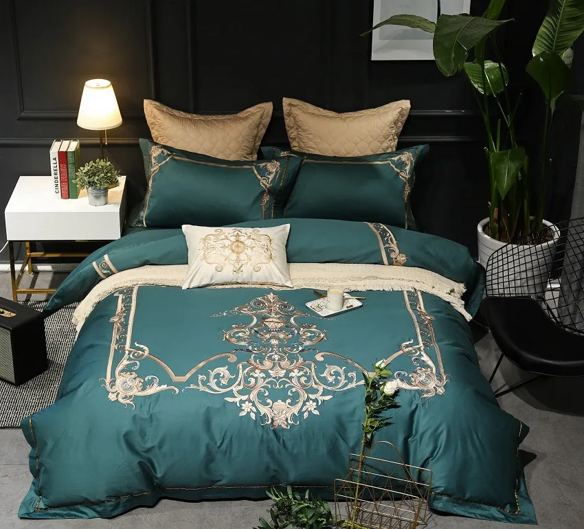 Зеленый Роскошный Королевский Постельное белье queen King size 4/5/7 шт набор постельного белья нежная вышивка пододеяльник льняные простыни для кровати, наволочками, Комплект постельного белья для очень больших и