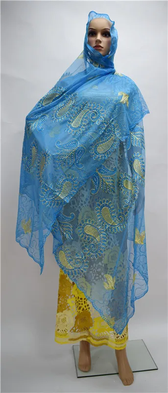 Fashionable sky blue badanas fabric with embroidery African tulle net scarf rhinestones for lady ESF17 multi color | Дом и сад