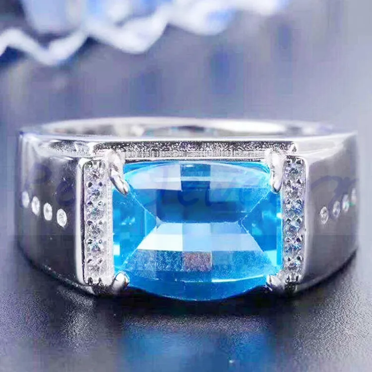 Мужское кольцо из серебра 925 пробы с натуральным голубым топазом 6 карат|rings free