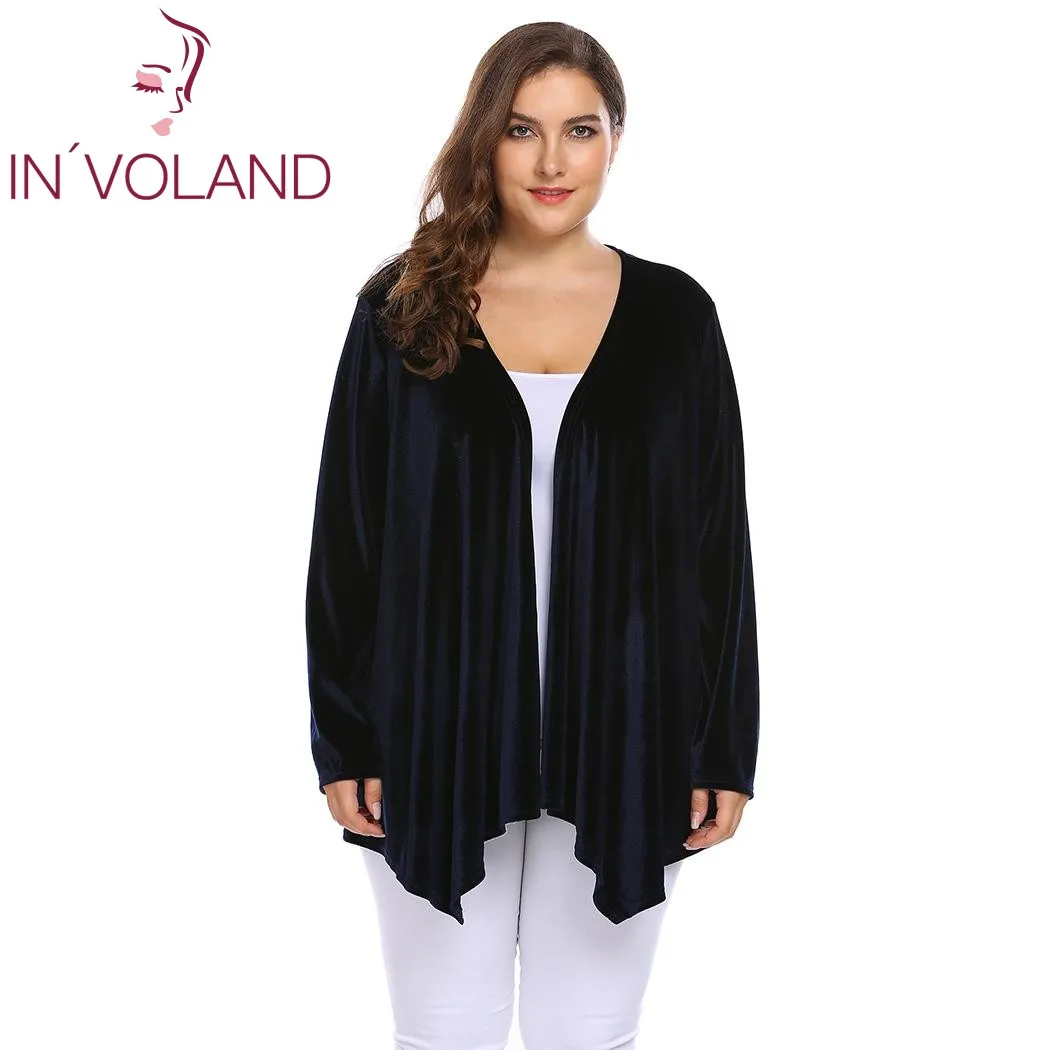 IN'VOLAND Big Size 4XL Women Sweater Cardigan Autumn Spring Long Sleeve Open Front Velvet Draped Casual Lady Plus Tops |