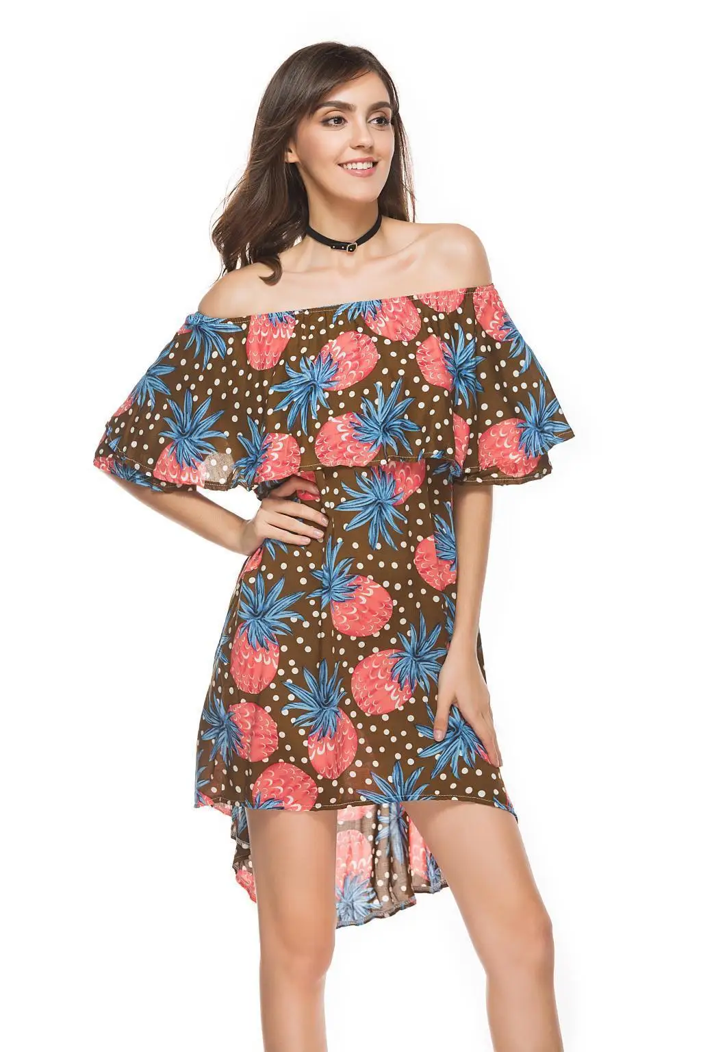 Loneyshow Summer 2018 Off Shoulder Sexy Print Loose Dress Slash Neck Pineapple Women | Женская одежда