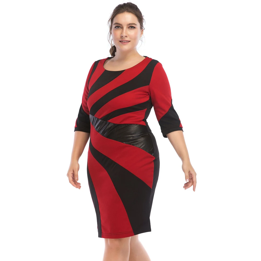 Платье большого размера плюс из ПУ кожи с контрастной строчкой | Женская одежда