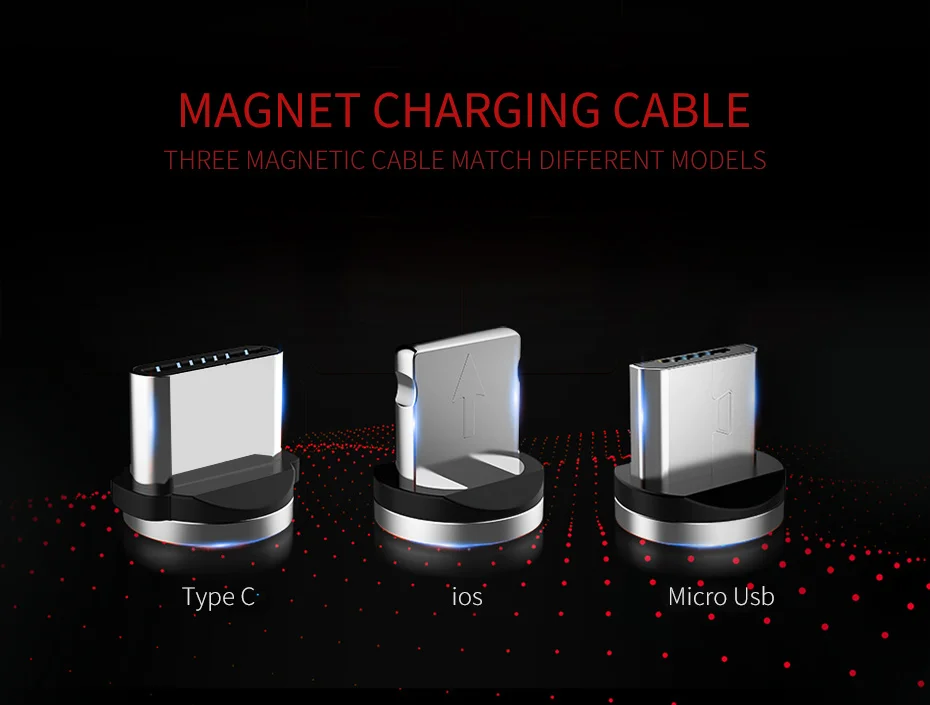 Светодиодный магнитный кабель для Lightning Micro USB Type C телефонный iPhone X Xr Xs Max 1 м 2A