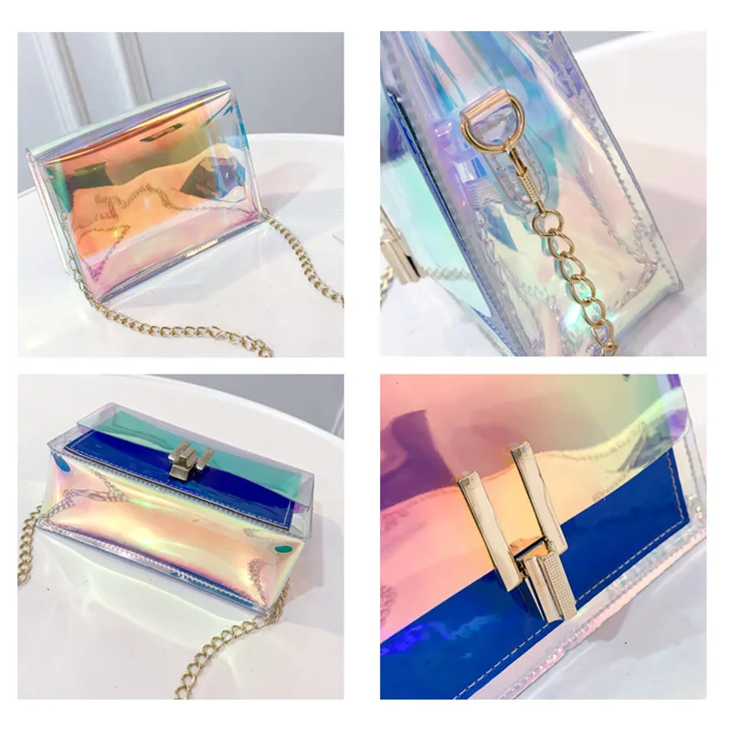 Women Laser Jelly Bags Fashion PVC Transparent Small Tote Chain Flap Crossbody Shoulder Bag Female Shopping Handbag SS7440 | Багаж и сумки