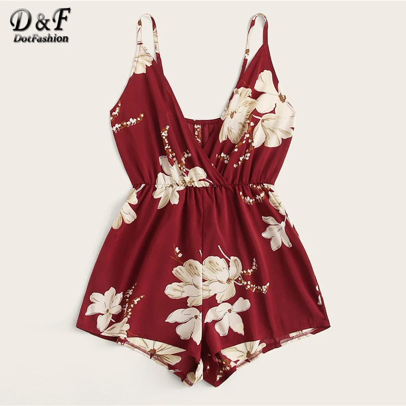 Dotfashion бордовый цветочный принт эластичный пояс Cami Romper для женщин Лето Boho Спагетти ремень свободный высокий приталенный легкий костюм с шортами