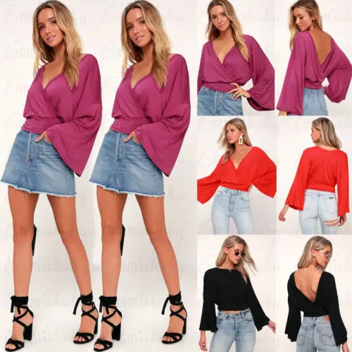 2018 Newest Women Deep V-Neck Cross Slim Crop Tops Long Sleeve T shirt Clubwear | Женская одежда