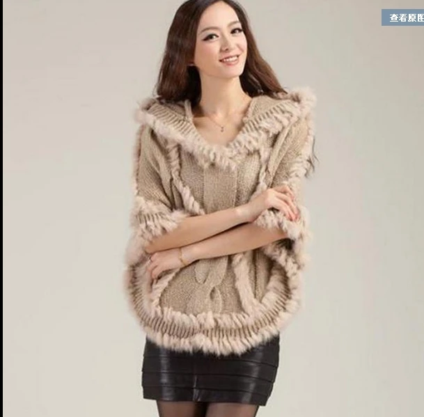

Fashion!!!!!Nice Autumn And Winter Women Fur Twisted Knitted Rabbit Fur Cape Noble Elegant Outerwear With A Hood Cloak
