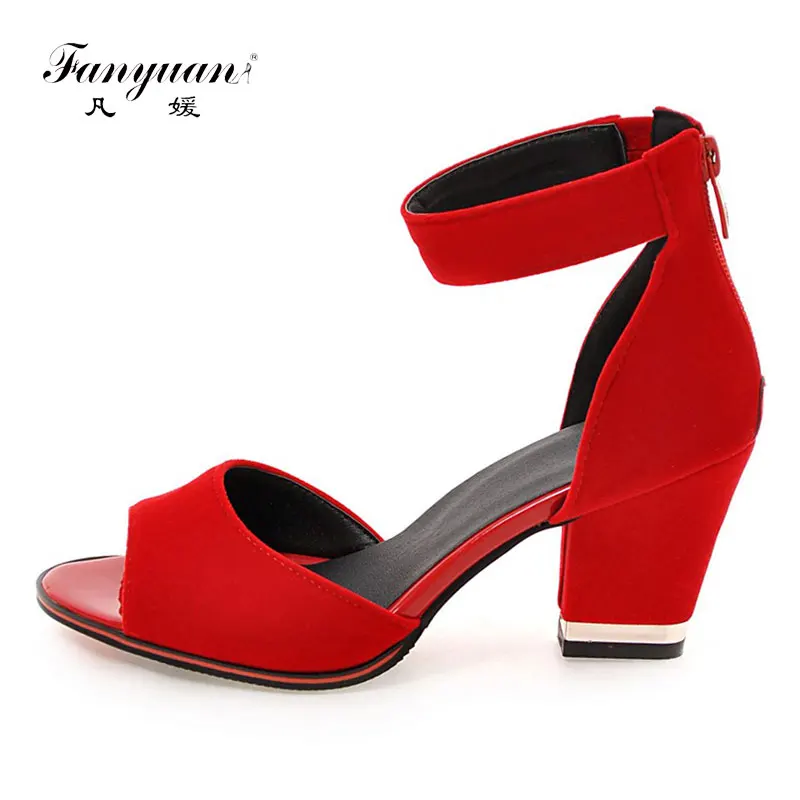 

Fanyuan 2021 Concise Velvet Ladies Sandals Mature Peep Toe Women's High Heels Zipper Zapatillas Mujer Office Lady Dress Shoes