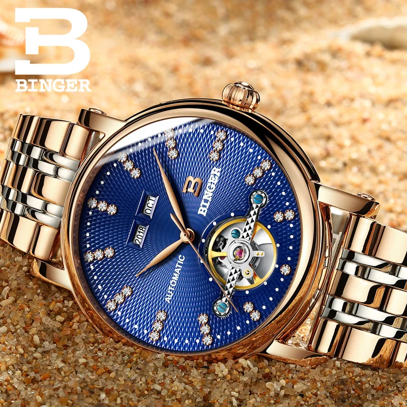 

Полностью из нержавеющей стали sapphire Switzerland BINGER мужские часы, Роскошные Алмазные механические наручные часы превосходного качества, B-1173-5