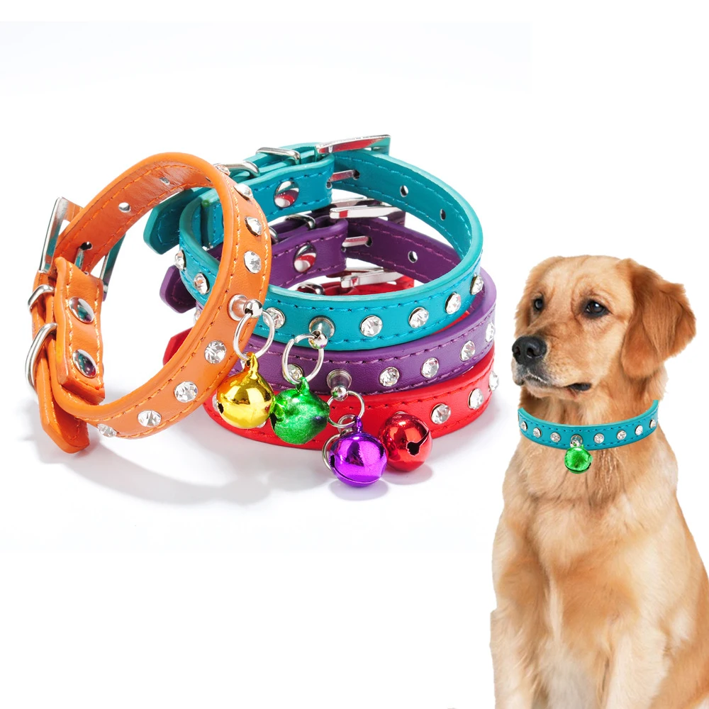 

PU Leather Dog Collar Bell Bling Rhinestone Dog Collar Adjustable Buckle Cat Puppy Pet Supplies Cat Accessories