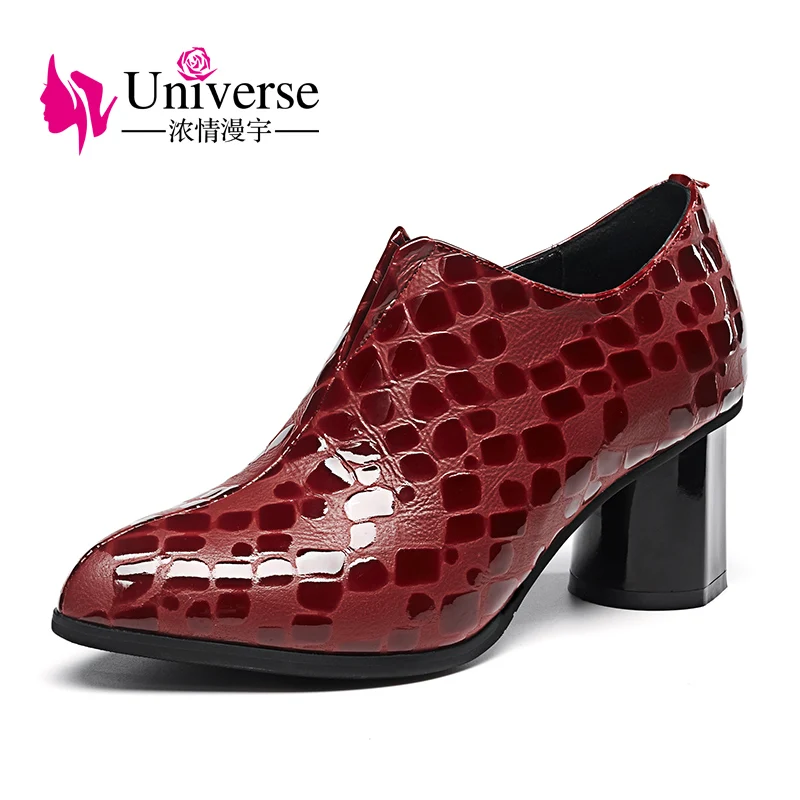 

Universe round toe patent leather spring autumn women pumps comfortable chunky heel shoes woman pumps G202