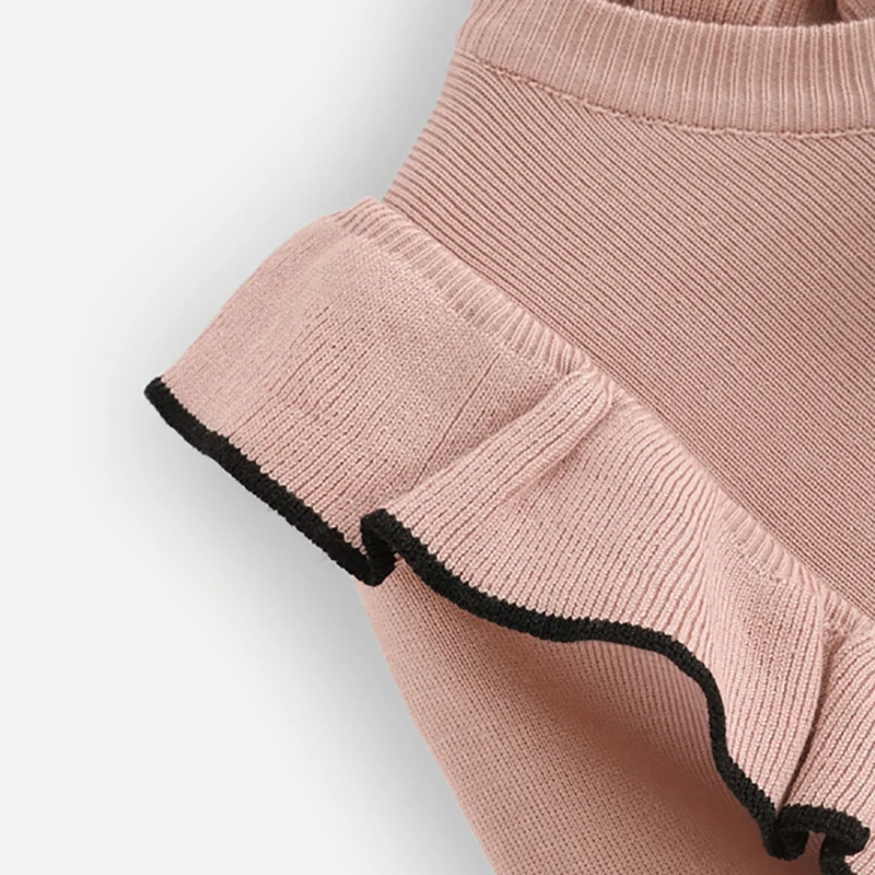 Dotfashion розовый свитер с оборками и цветочной отделкой, Женский Повседневный свитер, осень, стиль, стоячий воротник, длинный рукав, пуловер, джемпер