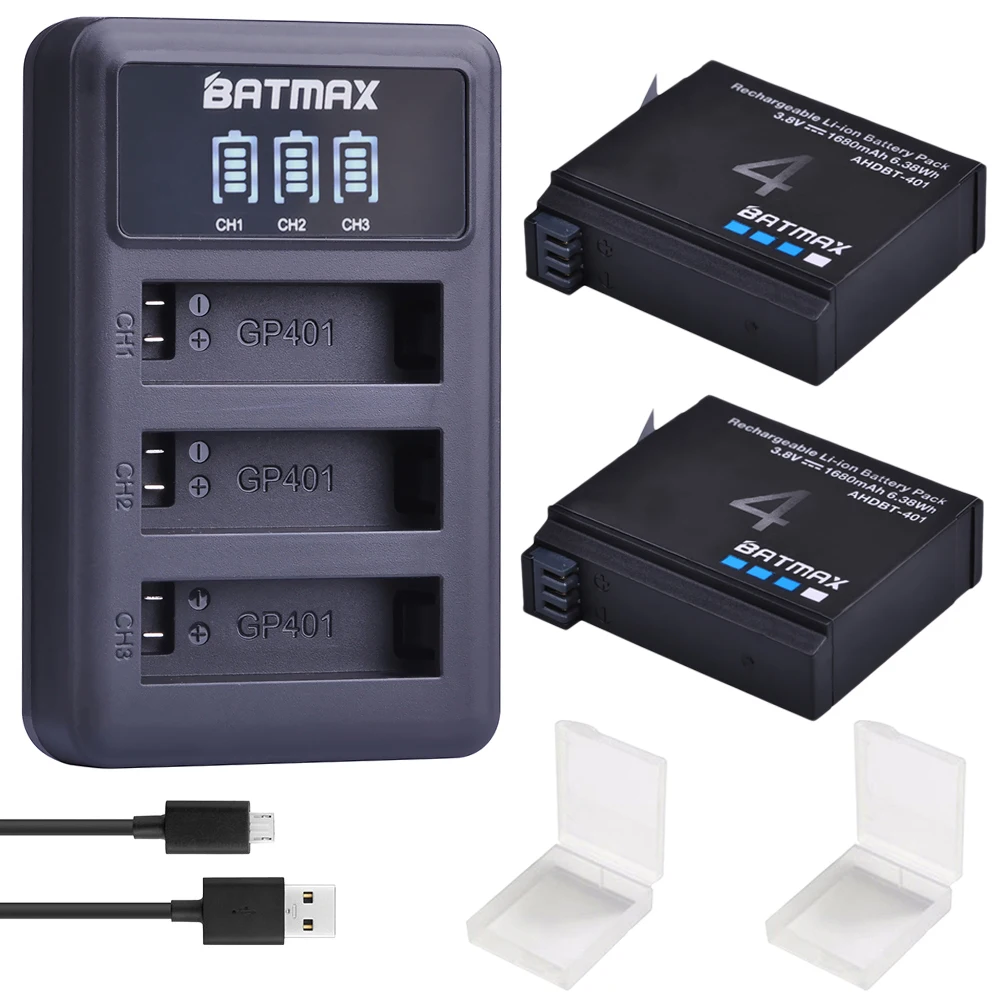 

Batmax 2pcs For Gopro hero4 AHDBT-401 Camera battery+LED USB 3Slots Charger for GoPro 4 HD Hero 4 Action Camera