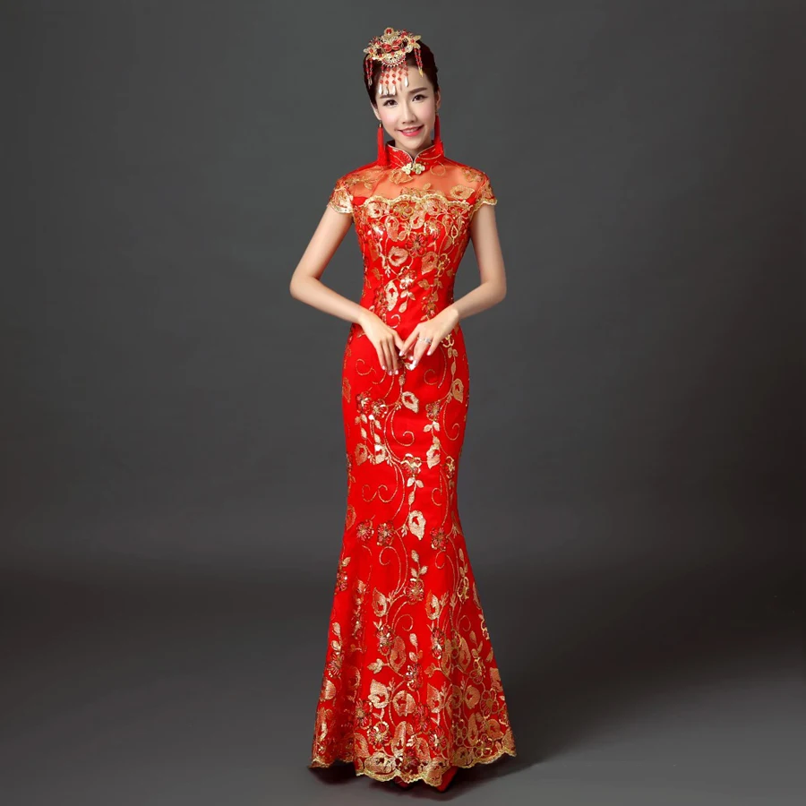 Красное свадебное вечернее чонсам Восточный стиль платье китайские
