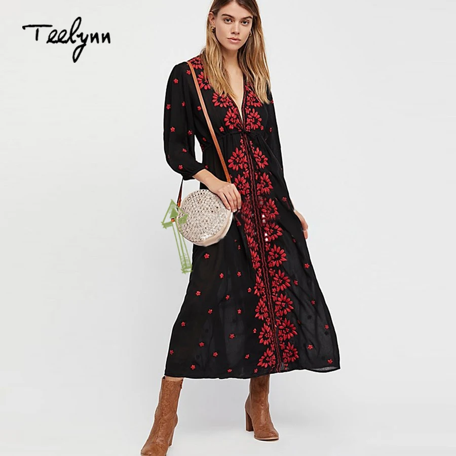 Женское винтажное платье с цветочной вышивкой TEELYNN Boho повседневное длинное