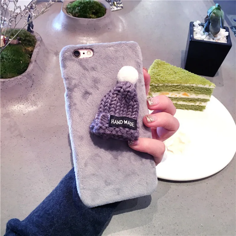 Lovely Plush Hat Warm Fur Ball Knitted Christmas Cap Hard Phone Case For iPhone11 Pro 6 6s 7 8 Plus X XR XS MAX Cute fuzzy cover |