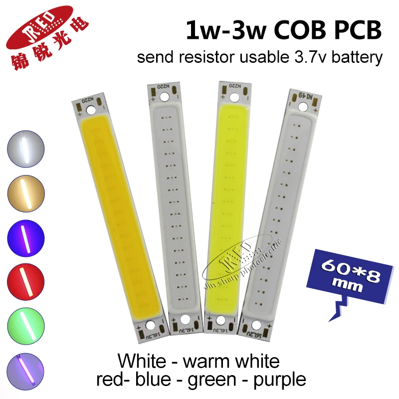 

10/20PCS 1w 3w led COB light 18650 3.7 Battery LED light 3.7v subsize LED 60mm rectangle white warm white red blue green UV400