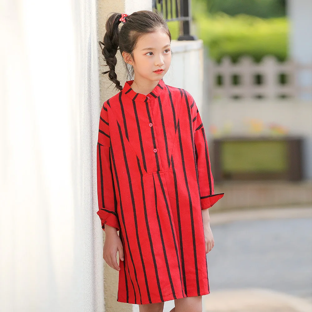Платье для подростков Полосатое Хлопковое платье с длинными рукавами девочек