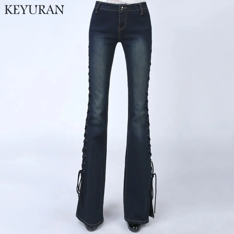 Women's Elegant Modern Stretch Low Waist Bootcut Jeans Fashion Bandage Butt Lift Bell-Bottom Wide Leg Flare Denim Pants | Женская