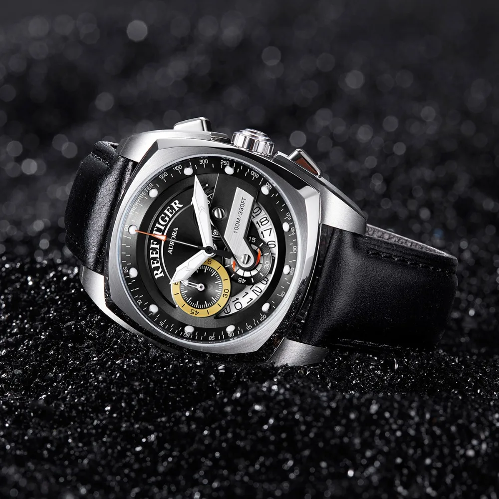 Reef Tiger/RT новые модные мужские часы квадратные спортивные часы кожаный ремешок стальные военные наручные часы Relogio Masculino RGA3363