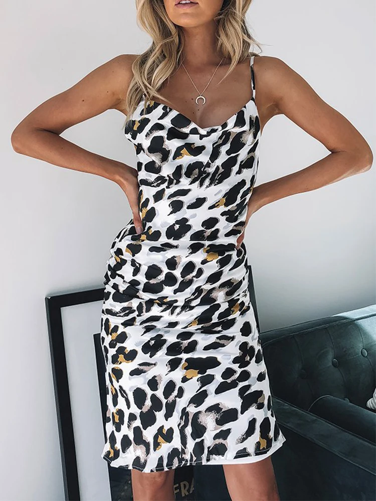 Женское платье с леопардовым принтом повседневное Элегантное короткое открытой