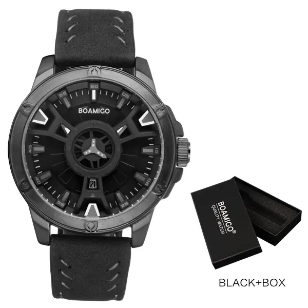 black with box Роскошные Брендовые мужские спортивные часы BOAMIGO, креативные модные повседневные кварцевые наручные часы с кожаным ремешком, часы с автоматической датой, мужские часы - Цвет: black with box