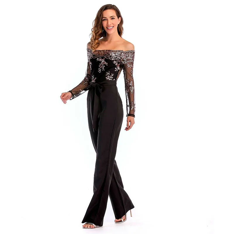 

Plus Size Jumpsuits For Women 2019 Silver Sequin Jumpsuits Long Sleeve Sexy Mesh Glitter Bodysuit Black Overalls Female Clothing