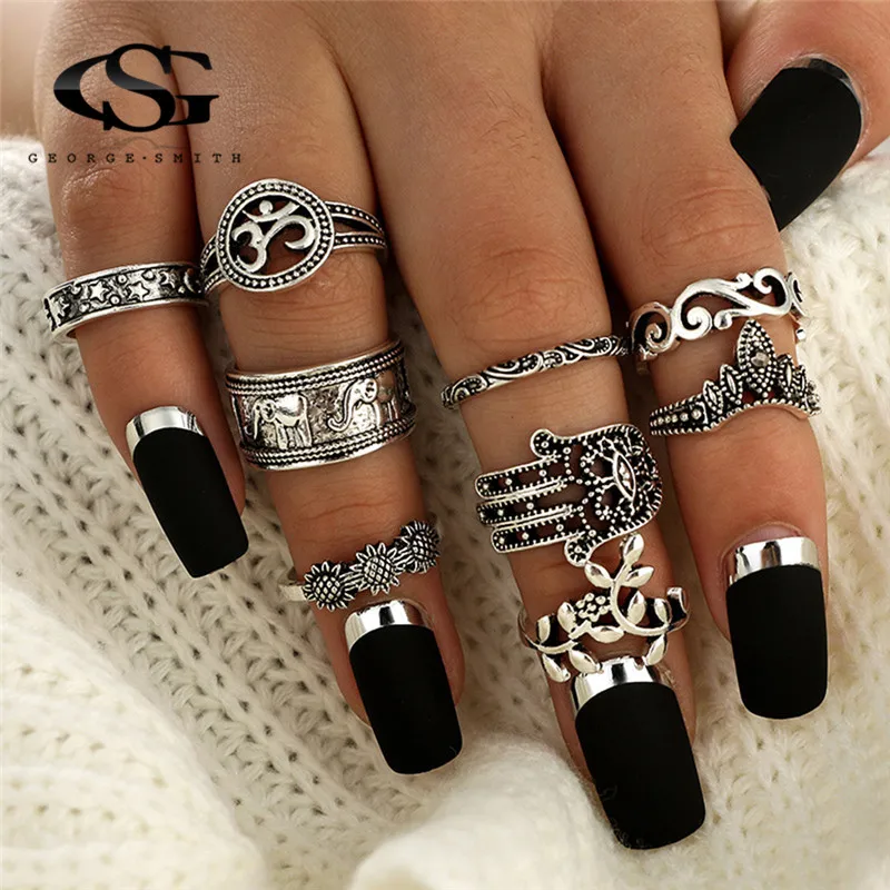 GS Hot Sales Bohemian Elephants Rings Women 9pcs/Set Retro Boho Leaf Eyes Same Kinds Statement Sets For R5 | Украшения и