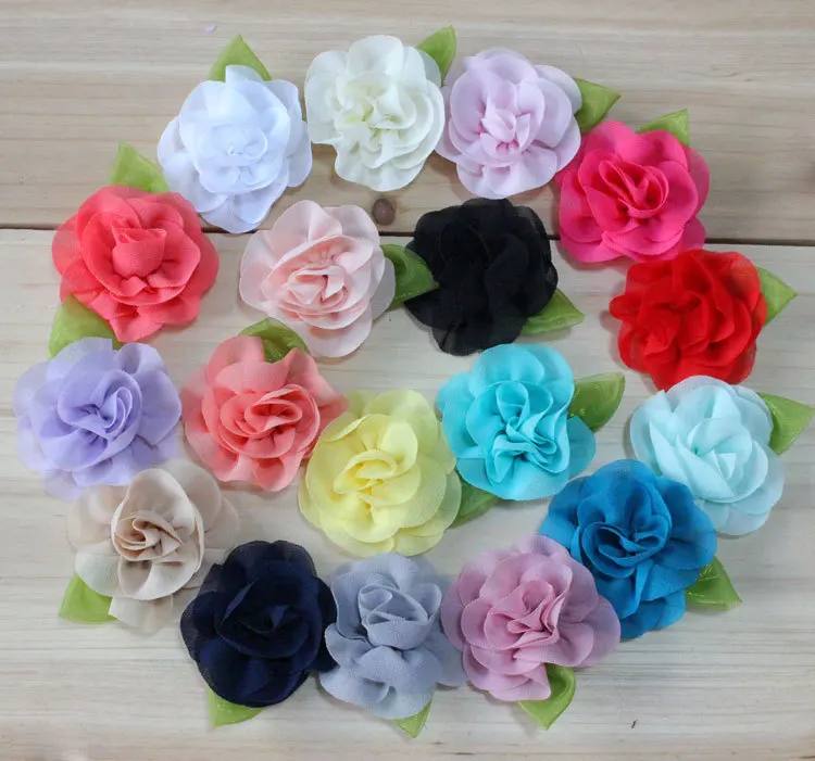 

2.3" Classic chiffon flower with green leaf for DIY hair acessories hairpins headbands 18color flat back