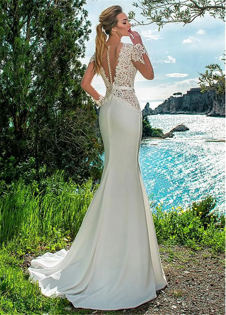 

Elegant Scoop Neckline See-through Bodice Cheap Mermaid Beach Wedding Dress 2020 Lace Appliques & Belt Long Sleeves Bridal Dress