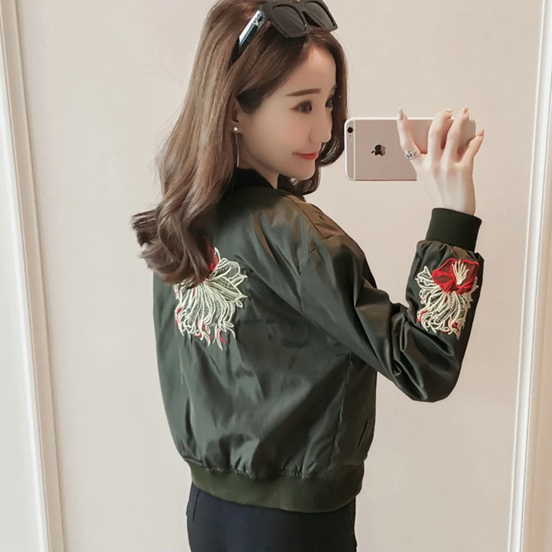 Модные Курточка бомбер Для женщин пальто Вышивка куртка для Свободные