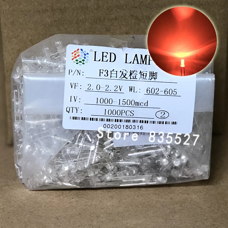 

1000PCS/LOT F3 3MM Round Transparent Shell Orange LED Light-emitting Diodes Water Clear For DIY Light lamp beads DIP