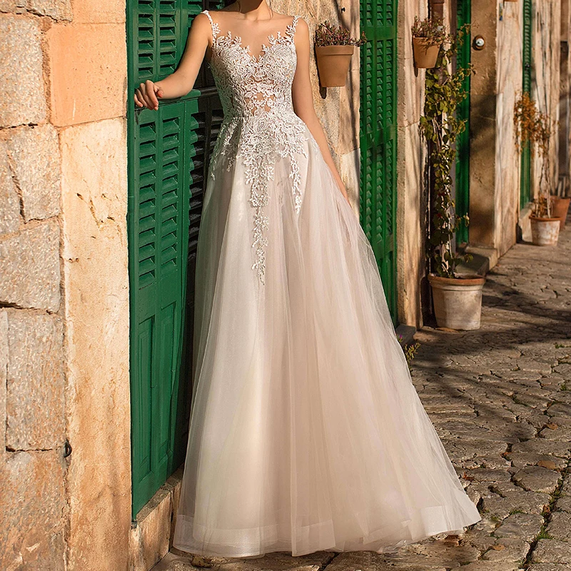 DZW582 Elegant A Line Wedding Dresses Sleeveless Applique Bride Floor Length Gowns 2019 robes de mariee | Свадьбы и торжества
