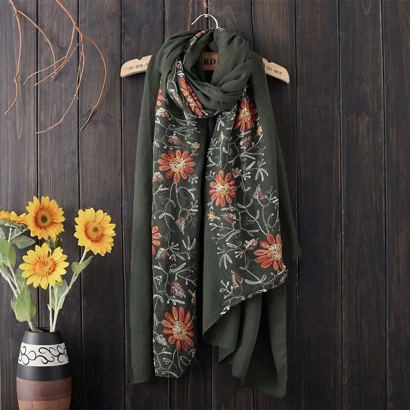 

Wuaumx Vintage Ethnic Style Scarf Women Embroidered Floral Scarf Hijab Cotton Blends Scarves Female Wraps Shawl Pashmina Foulard
