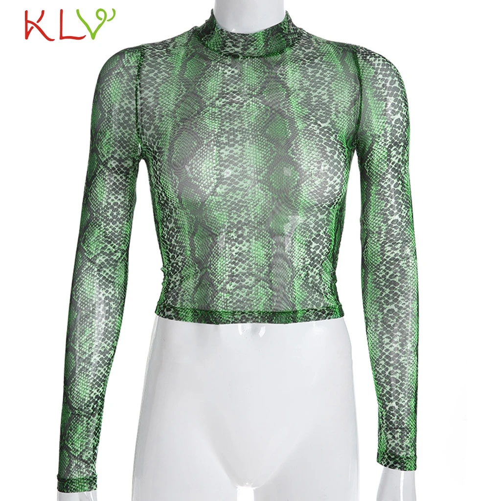 Snake Print Mesh Top Сетчатый топ, женская зеленая водолазка со змеиным принтом, сексуальная сетчатая короткая Прозрачная Футболка, майка, Camisas Femininas, Клубная одежда, 18Jan8 - Цвет: Snake Print Mesh Top