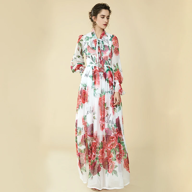 2019 Spring Bohemian Long ladies Dresses White Floral Print Bow Collar Casual Runway Design Maxi Dress For Women Boho clothes | Женская