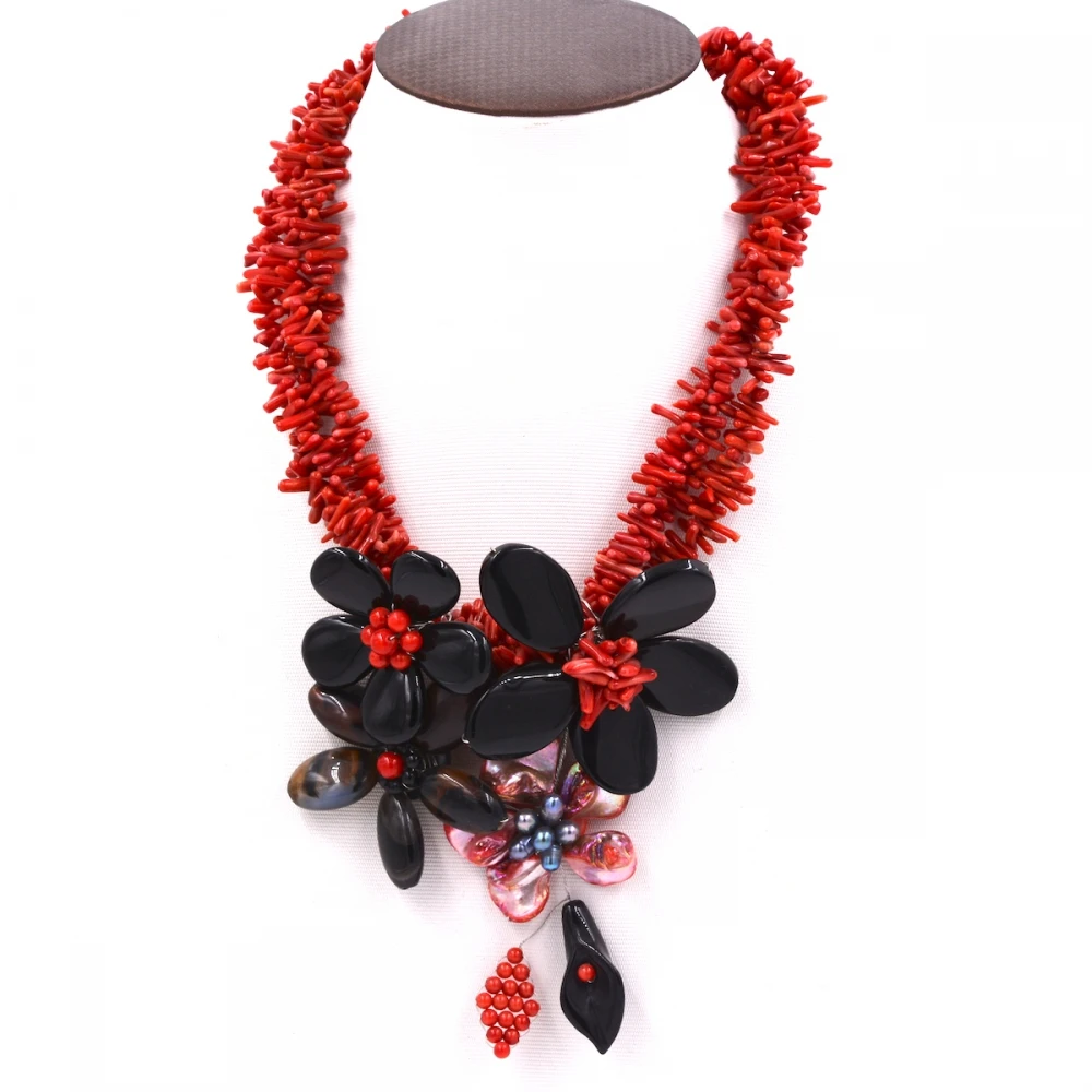 2017 Европа новое поступление красный коралловый и черный оникс цветок Чокеры