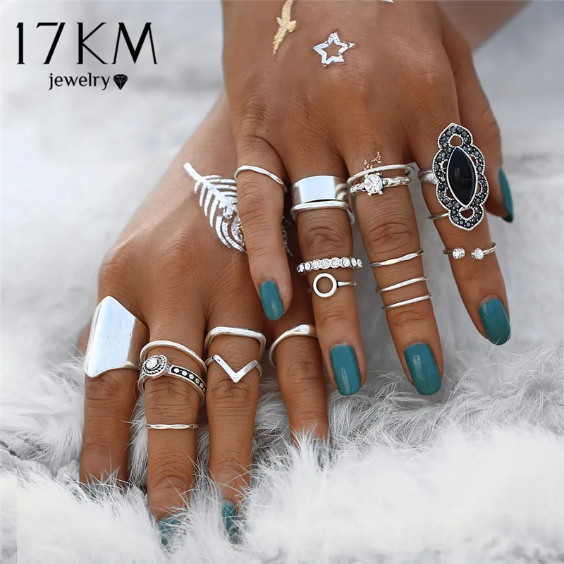 17 км Бохо Винтаж Черный Камень костяшки кольцо Набор для женщин Anillos кристалл сердце Корона миди богемный Праздничная бижутерия с кольцами подарок