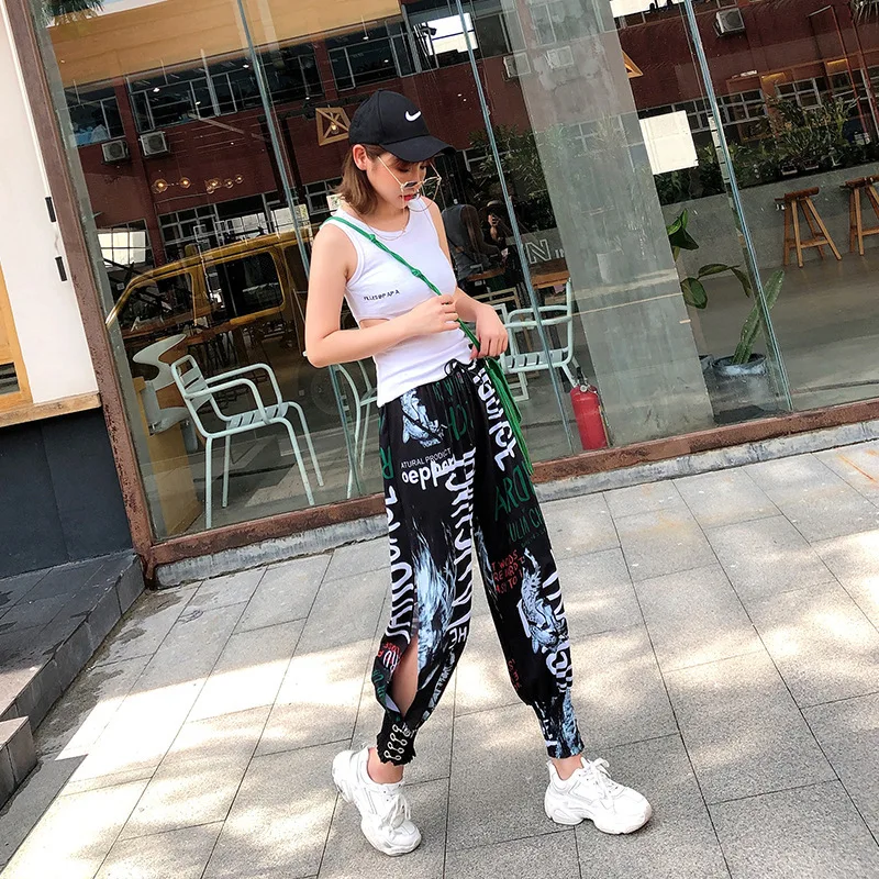 QING MO Women Letter Print High Waist Trousers Summer Fork Casual Loose 2019 ZQY942 |