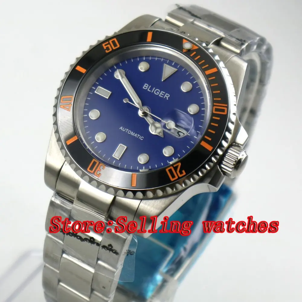 

40mm Bliger blue Dial Sapphire Glass Stainless Steel ceramic bezel Luminous Men's Automatic Mechanical Watch p011