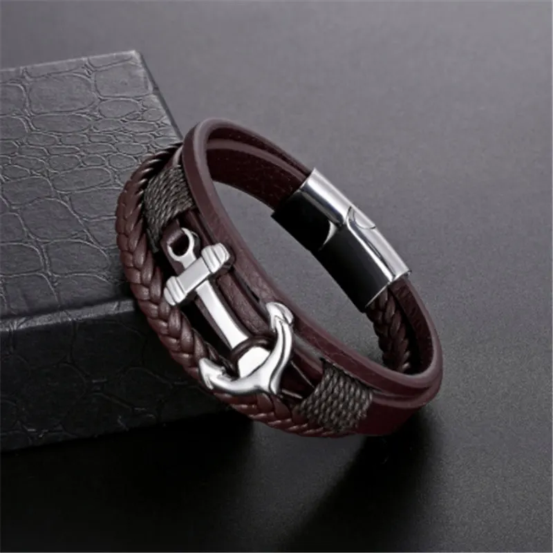 2018 панк якорь браслет для Для мужчин Jewelry Многоэтажный кожа ряд переплетенных