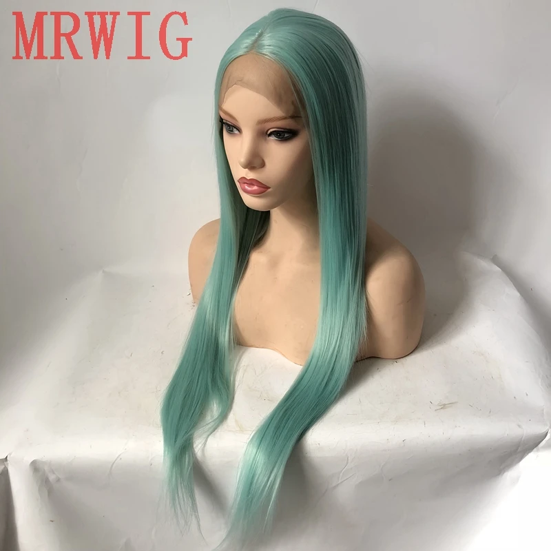 MRWIG настоящие волосы синий средняя часть длинный прямой синтетический - Фото №1