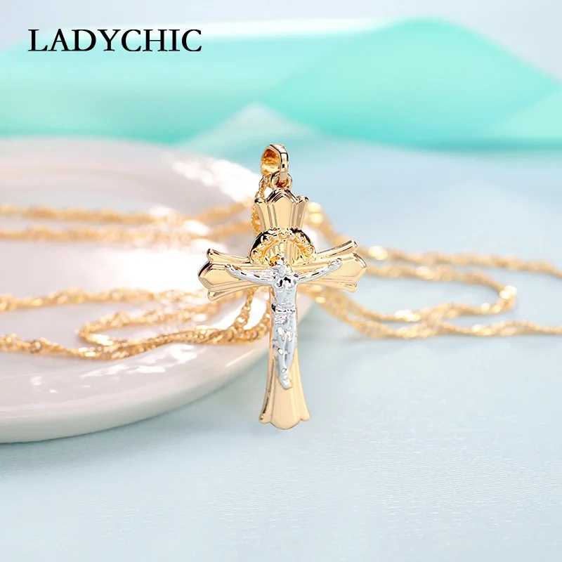 LADYCHIC Распятие Иисуса золотое ожерелье с крестом для женщин мужчин классический