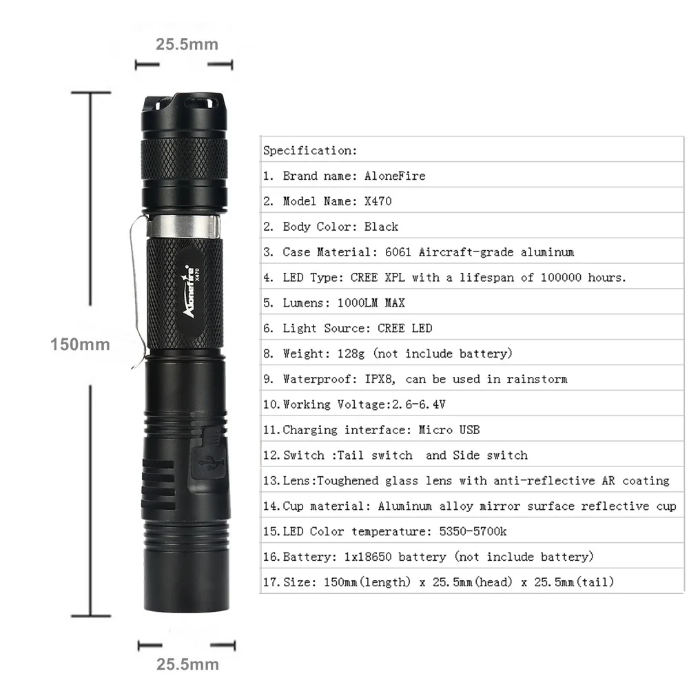AloneFire X470 Мощный тактический светодиодный USB фонарик 18650 Cree XPL 1000lm мощный 6 режимов